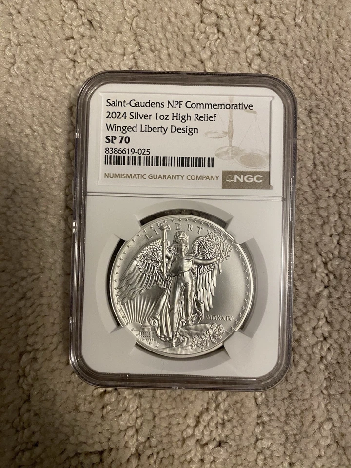 2024 1 OZ 999 Plata Fina SAINT GAUDENS ALTO RELIEVE Medalla NGC SP70 NPF Comm. Foto 1 de 4