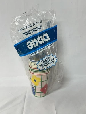 VTG 80’s Dixie 9oz Anytime Plastic Coated Paper Cups Red & Blue Floral Set Of 11 - Image 1 of 4