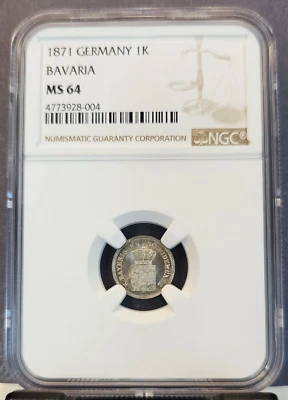 1871 GERMANY SILVER 1 KREUZER 1K BAVARIA NGC MS 64 SCARCE BRIGHT BU NICE TONING - Image 1 of 3