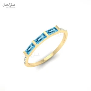 4x2mm Baguette Swiss Blue Topaz & Diamond Ring 14K Fine Gold Stackable Band Gift - Picture 1 of 23