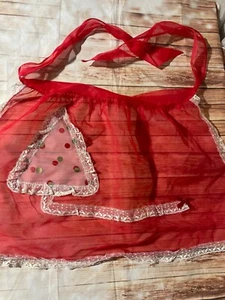 Vintage Ladies Sheer Red Nylon Christmas Half Apron Lace Trim Polka Dot Tree - Picture 1 of 4