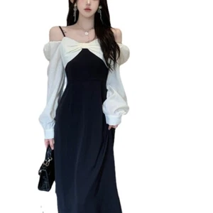Lady Gothic Bow Fit Dress Strappy Swing Off Shoulder Cute Cocktail Elegant Dress - Picture 1 of 12