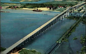 Lake Charles Louisiana postcard ~1950/60 aerial view Calcasieu Highway Bridge - Picture 1 of 1
