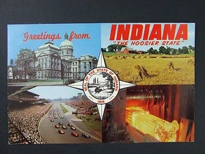Tarjeta postal Greetings Indiana IN Auto Racing Steel Farming State Capital años 50 - Imagen 1 de 2