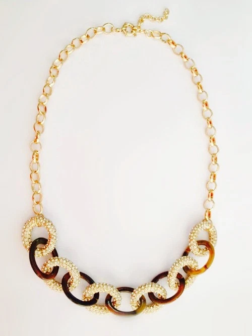 NWOT Chunky Faux Tortoise Shell Gold Pave Crystal Chain Link Bib Necklace Collar - Image 1 of 2
