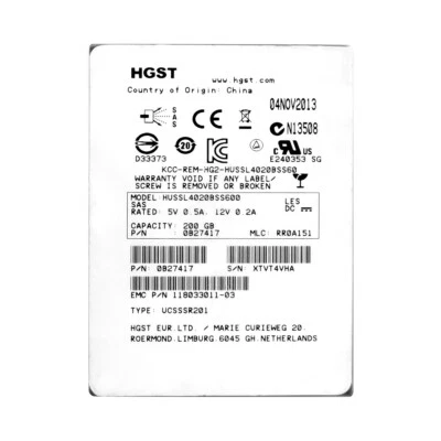 EMC 118033011-03 200GB SAS-2 2.5'' SLC HUSSL4020BSS600 - Image 1 of 3