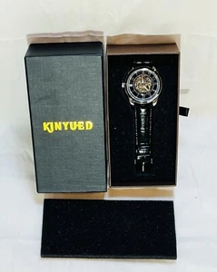 Mens Dual Time Flywheel Skeleton Automatic Mechanical Watch Black Leather Band - Picture 1 of 2
