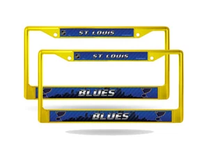 St Louis Blues NHL (Set of 2) Yellow Painted Chrome Metal License Plate Frames - Picture 1 of 5