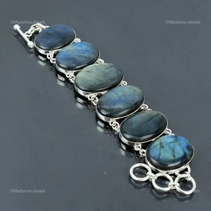 Easter Sale 925 Sterling Silver Natural Labradorite Chain Bezel Wedding Bracelet - Picture 1 of 7