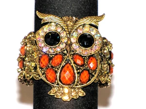 Owl Bracelet Rhinestone Gold Plated Red Blue Bangle Wide Stretch Cuff Womens - Picture 1 of 24