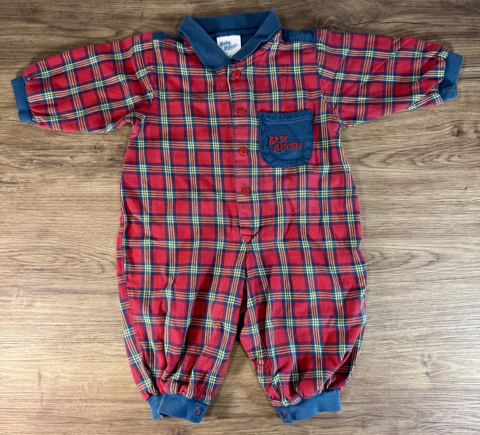 Vintage Baby Bgosh Oshkosh Bubble Romper Boys Red Blue Green Tartan Plaid 6-9 Mo - Image 1 of 4
