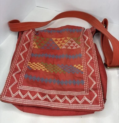 Bolso Bandolera LUCKY BRAND Lona Cuero Acentos Naranja Bordado Foto 1 de 4