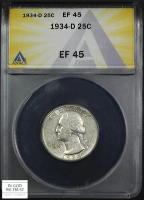 Cuarto de plata 1934 D George Washington 25C ANACS EF 45 Foto 1 de 4