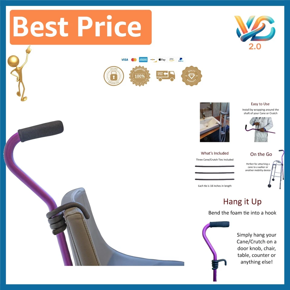 Crutcheze Cane Holder 3 Pack - Holds Canes Within Reach - Walking Stick Holder -