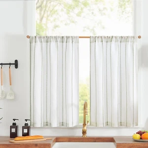 Nautical Kitchen Curtains Striped Linen Curtains 24 Inch Farmhouse Tier Curtains - Picture 1 of 13