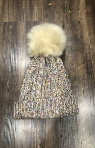 Free People Confetti Cable Pom Beanie Chunky Knit Wool Taupe Multi Print O/S NEW