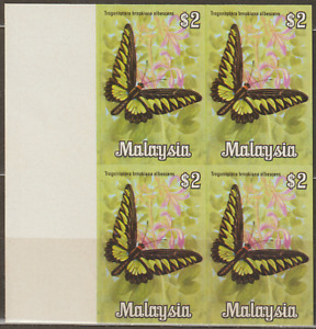 (D206)MALAYSIA ERROR  1970 BUTTERFLIES $2 IMPERFORATED B/4 WITH LEFT MARGIN MNH