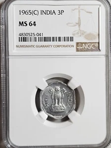 India 3 Paise 1965C NGC MS 64 - Picture 1 of 2