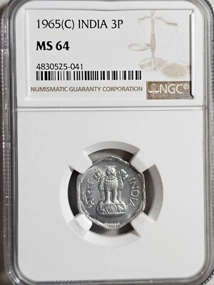 India 3 Paise 1965C NGC MS 64 - Image 1 of 2