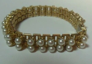 Pulsera de tenis de doble fila de perlas falsas en tono dorado vintage de 7.25" de largo - Imagen 1 de 5