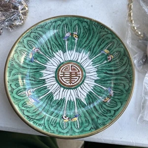 Antique 19th c. Chinese Export Porcelain Plate Green Cabbage Leaf Butterfly Gilt - Picture 1 of 3