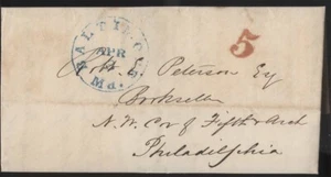 Stampless Folded Letter Blue BALTMORE Md. APR3(1850) CDS w/ Red 5 - Picture 1 of 3