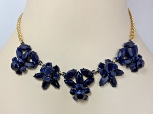 J Crew Rhinestone Flower Necklace Dark Blue Bohemian Floral Bib Granny Core Vtg - Picture 1 of 9