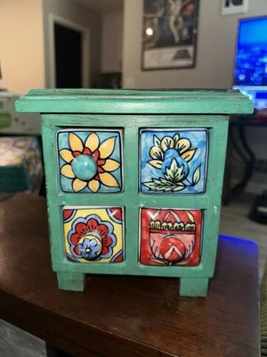 Wooden Hand Painted Blue Ceramic Drawer Showpiece - Home Décor Accent - Image 1 of 4