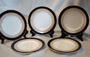 ROYAL WORCESTER BLUE REGENCY 5 SALAD PLATES BONE CHINA COBALT BLUE W/ GOLD TRIM - Picture 1 of 24