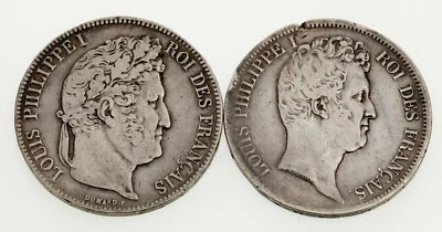 Lote de 2 monedas de plata de 5 francos de Francia 1831-1839, KM 735,1, 749,7 Foto 1 de 4