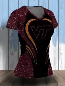 New Virginia Tech VT Hokies Women's V-Neck Maroon Orange Shirt L/M - Picture 1 of 3
