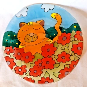 Rodolfo Carrillo Studio Art Fusion Glas Katze rot Blume Dekor Teller Kunstglas 6" - Bild 1 von 4
