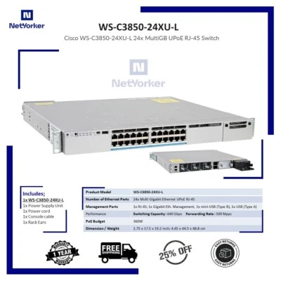 Cisco Catalyst WS-C3850-24XU-L 24-Port 100Mbps/1/2.5/5/10 Ethernet Switch - Image 1 of 4