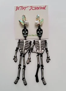 Betsey Johnson Skeleton Crystal Pearl Glow In Dark Black Movable Dangle Earrings - Picture 1 of 4