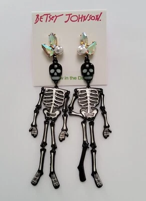 Betsey Johnson Skeleton Crystal Pearl Glow In Dark Black Movable Dangle Earrings - Image 1 of 4