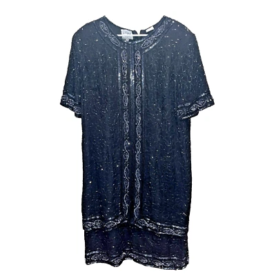 Stenay Plus Women's Black Silk Beaded Evening Dress Sz 20 90s Vintage Elegant - Image 1 of 4