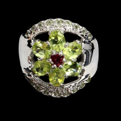 925 Sterling Silver Ring Oval Peridot Rhodolite Natural Gemstone Jewelry - Image 1 of 4
