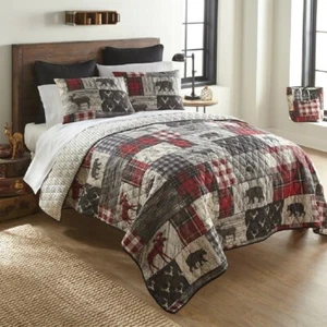 Quilt Set King Red Gray Rustic Plaid Grey Reversible 3 Piece Lodge Bedding Cover - Picture 1 of 6