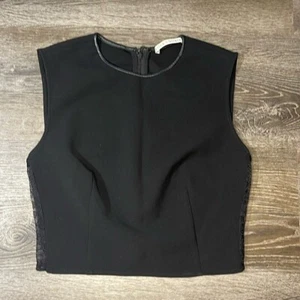 Alice + Olivia Black Crew Neck Crop Tank with Lace Side Panel and Leather Trim - Picture 1 of 6