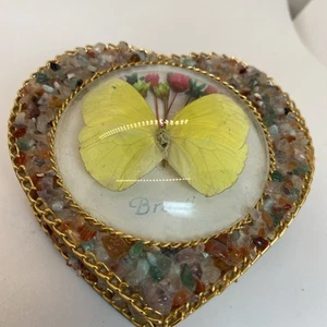 Vintage Aurba Butterfly Enclosed Trinket Box Heart Shape Blue Stone - Picture 1 of 6