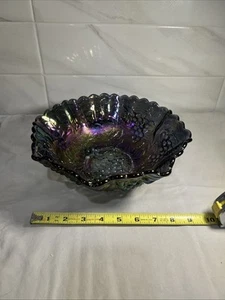 Imperial Co Carnival Glass Grape Leaf Iridescent Purple Ruffled Bowl - Picture 1 of 6