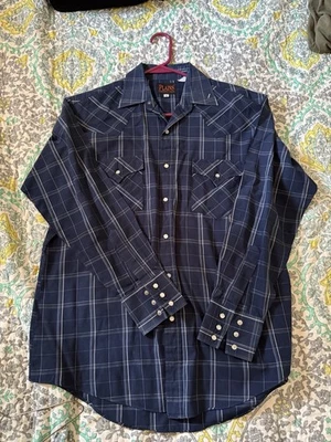 Men's Plains Western Wear Shirt Size Medium Navy Blue Long Sleeve Pearl Snap - Image 1 of 2