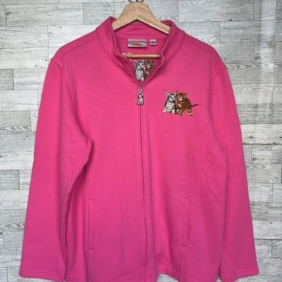 The Quacker Factory Pink Cat Sweatshirt Size Large Cardigan Kitty Granny Sweater - Image 1 of 4