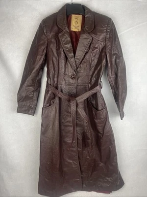 Vintage Soft Leather Dark Burgundy Trench Coat Jacket Belt Size S/XS - Image 1 of 4