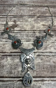 Collar de Plata de Ley Pájaros con Coral Rojo 110 Gramos Diseño Suroeste Marcado - Imagen 1 de 18