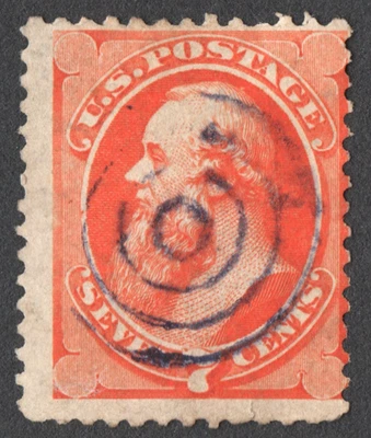 US Sc# 160 USED { 7c VERMILION STANTON } BLUE CANCEL SECRET MARK 1873 CV$ 90.00 - Image 1 of 3