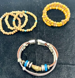 Jewelry Lot Vintage Wooden Elastic Bangel Leather Brass? Skull Sterling Silver - Picture 1 of 13