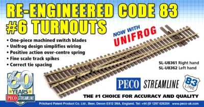 Peco HO Scale ~ SL-U8362 ~ New 2024 ~ Code 83 ~ #6 Left Hand Turnout Unifrog - image 1 of 3