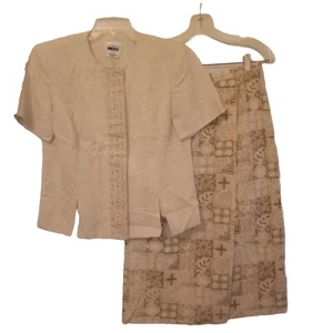 Leslie Fay Dresses Petites 10P Skirt Set Tan Embroidered Print Faux Wrap-around - Picture 1 of 17