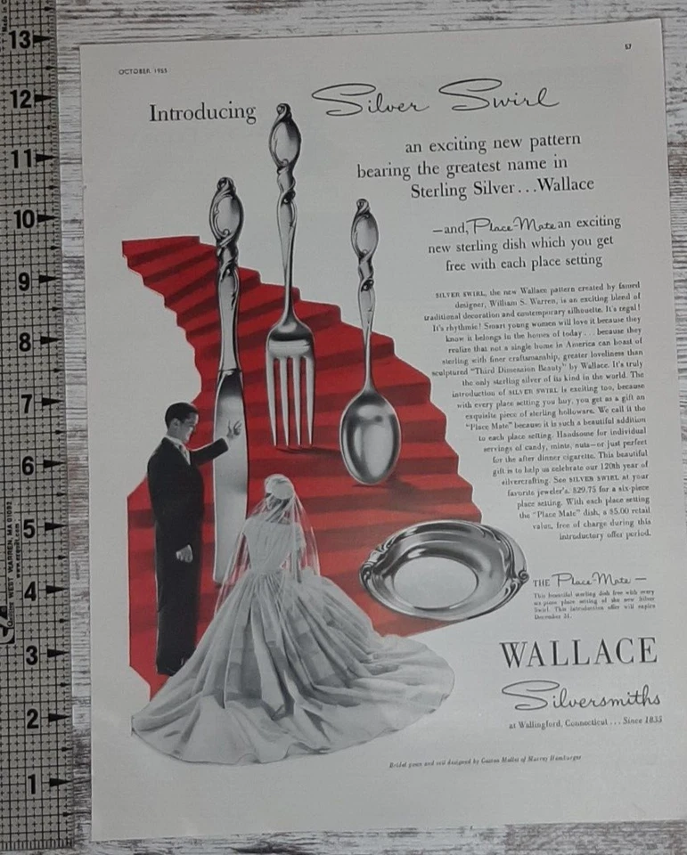 1955 Wallace Vintage Print Ad Silversmiths Silverware Bride Groom Wallingford CT - Image 1 of 1